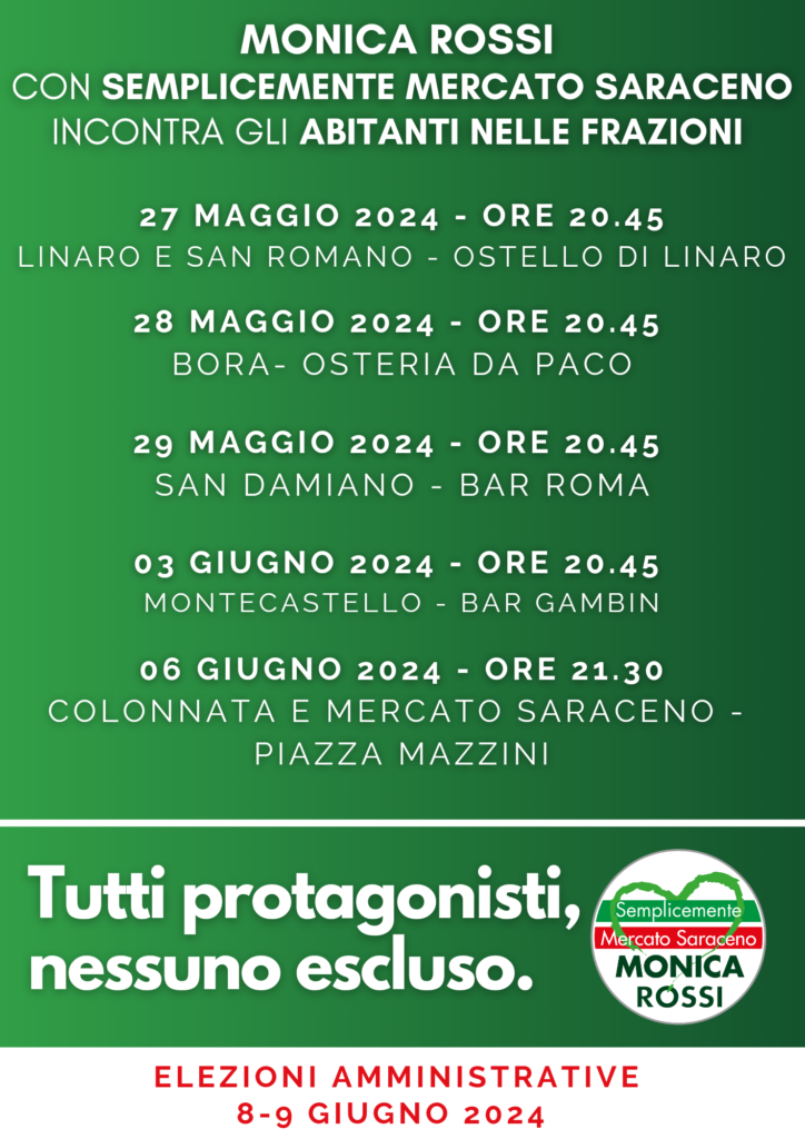 Incontri di frazione da giovedì 23 maggio 2024 a giovedì 06 maggio 2024

Lunedì 27 MAGGIO ORE 20:45
LINARO (OSTELLO DI LINARO)

Martedì 28 MAGGIO ORE 20:45
BORA (OSTERIA DA PACO)

Mercoledì 29 MAGGIO ORE 20:45
SAN DAMIANO (BAR ROMA)

Lunedì 03 GIUGNO ORE 20:45
MONTECASTELLO (BAR GAMBIN)

Giovedì 06 GIUGNO ORE 21:30
MERCATO SARACENO E COLONNATA (PIAZZA MAZZINI)
